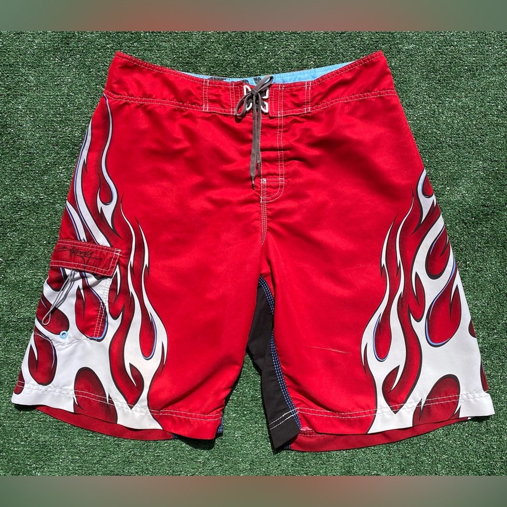 Y2K BILLABONG Andy Irons "Punk The System" Red Flames Distressed Board Shorts 34